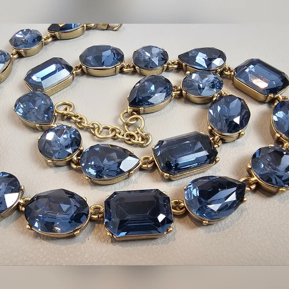 [J. Crew] Blue Crystal Multi Shaped Riviere Gold Toned Statement Necklace - Picture 8 of 16